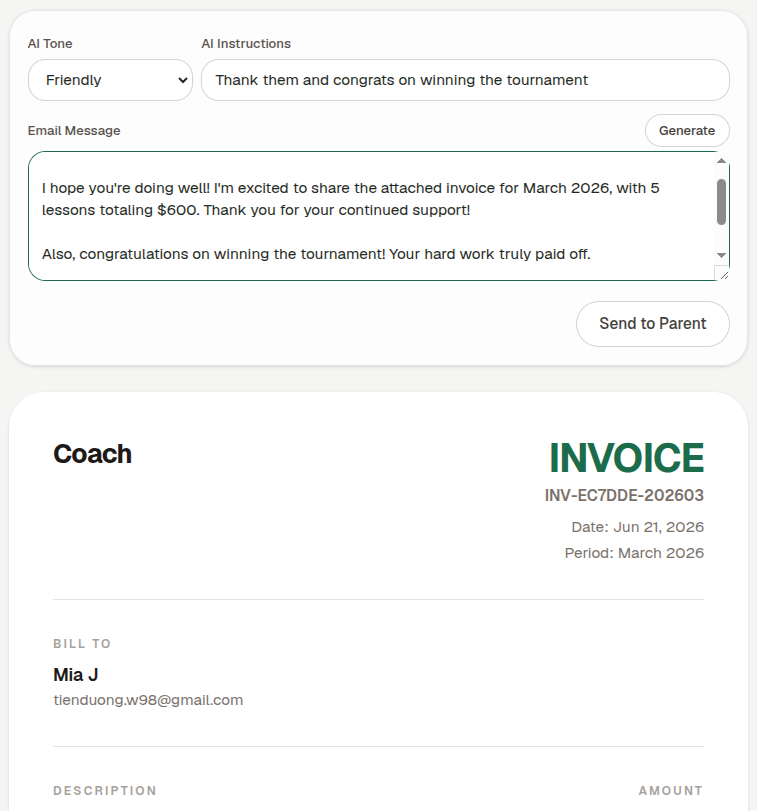 Generate and send invoice with personalized message
